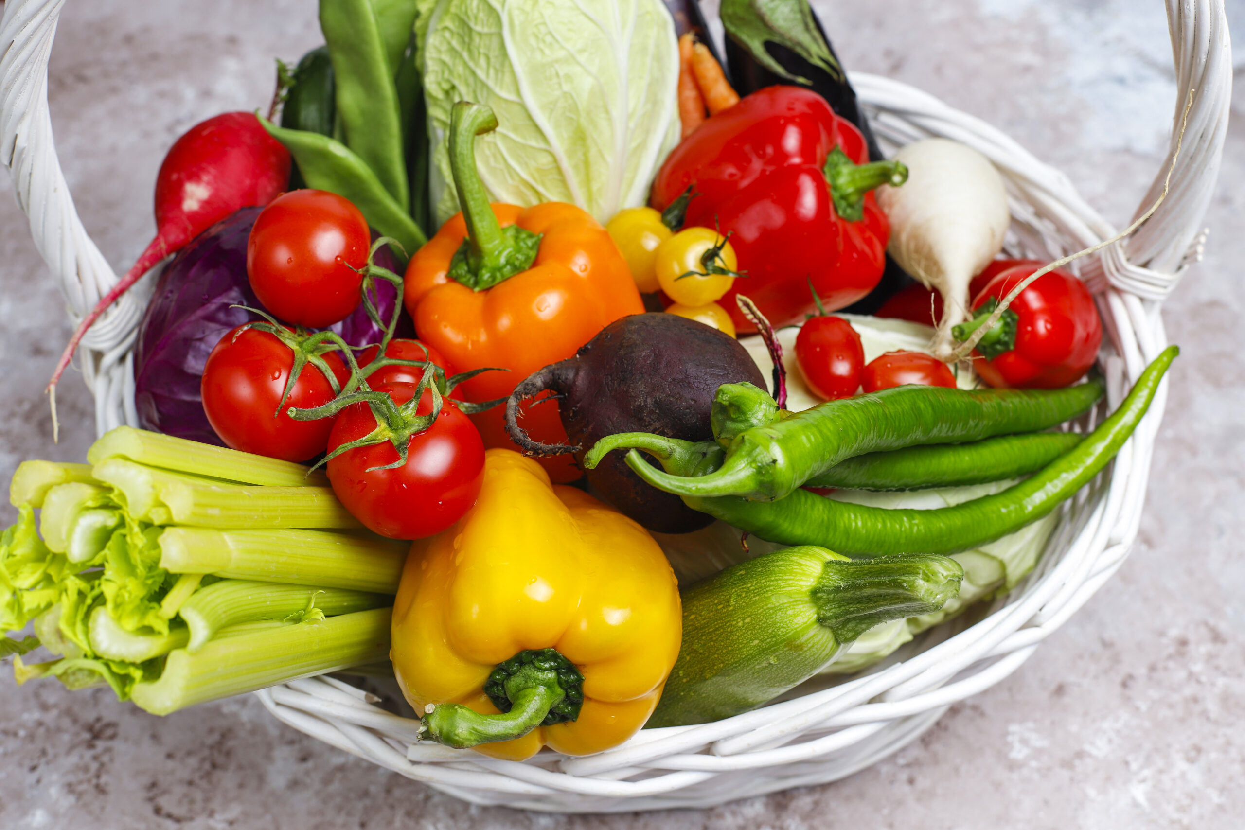 An image of a basket with a variety fruit and vegetables